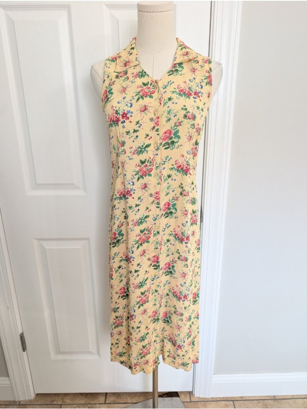 Vtg April Cornell Collar Button Yellow Floral Dress Sz S Cottage Rayon Crinkle